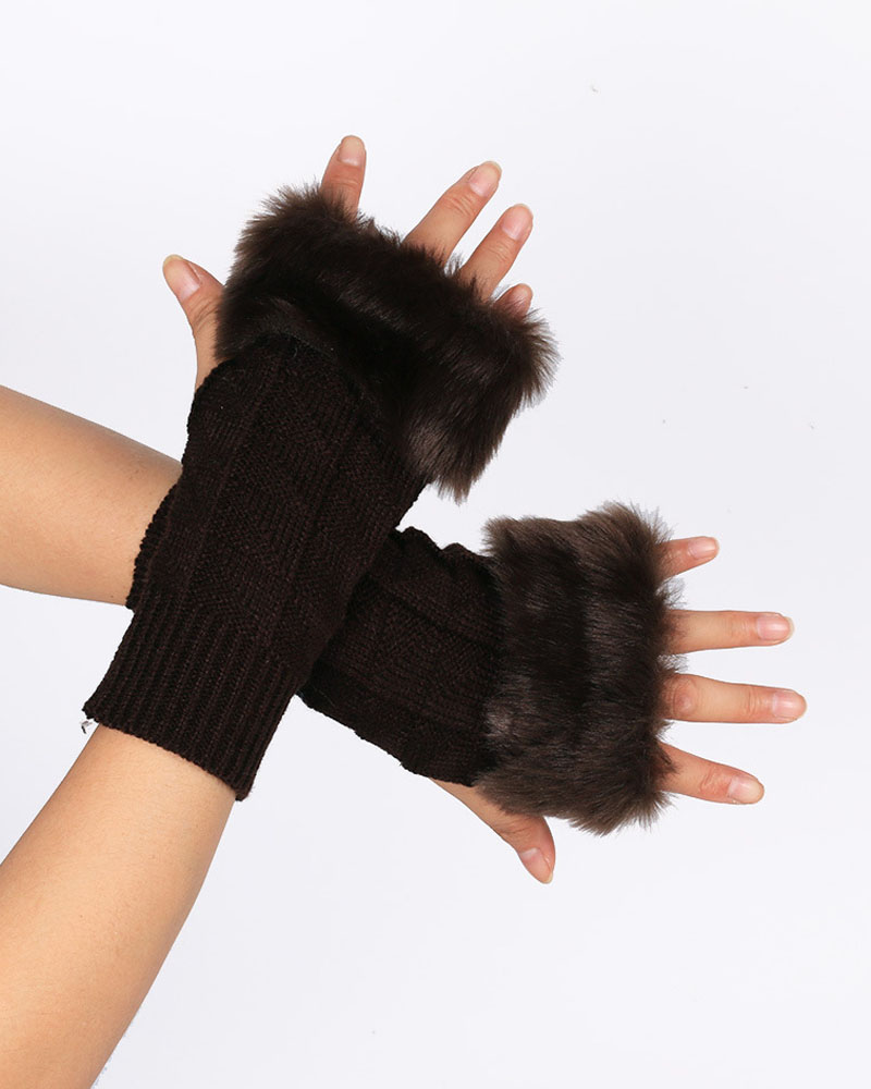 

Christmas Fuzzy Trim Knit Fingerless Gloves, Coffee