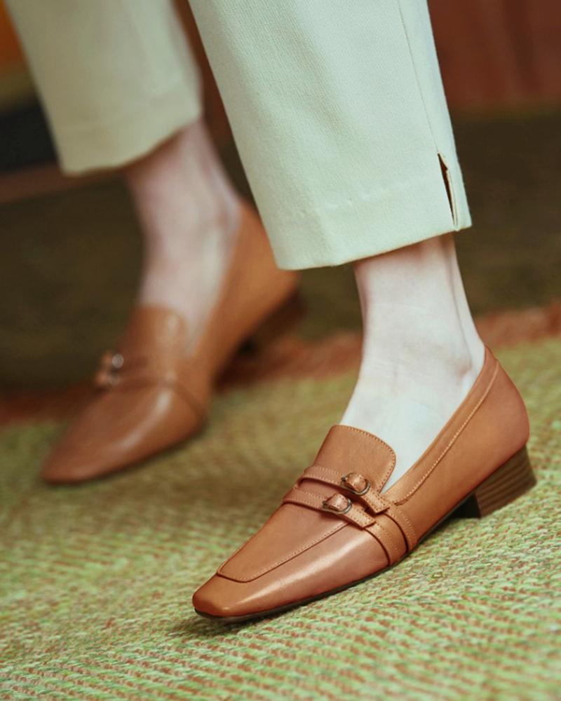 

Double Buckled Square Toe Loafer, Apricot