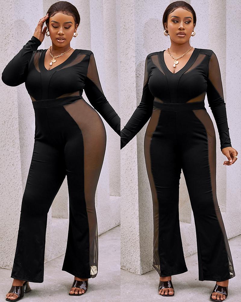 

Sheer Mesh V-Neck Long Sleeve Skinny Jumpsuit, Black
