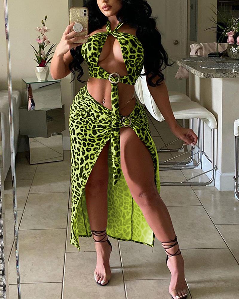 

Leopard Print Cutout Crop Top & High Split Skirt Set, Green
