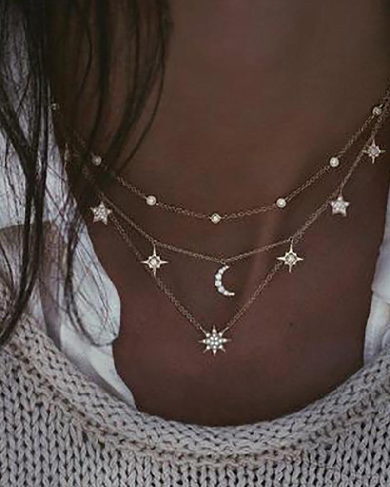 

Star & Moon Pattern Studded Layered Necklace, Gold