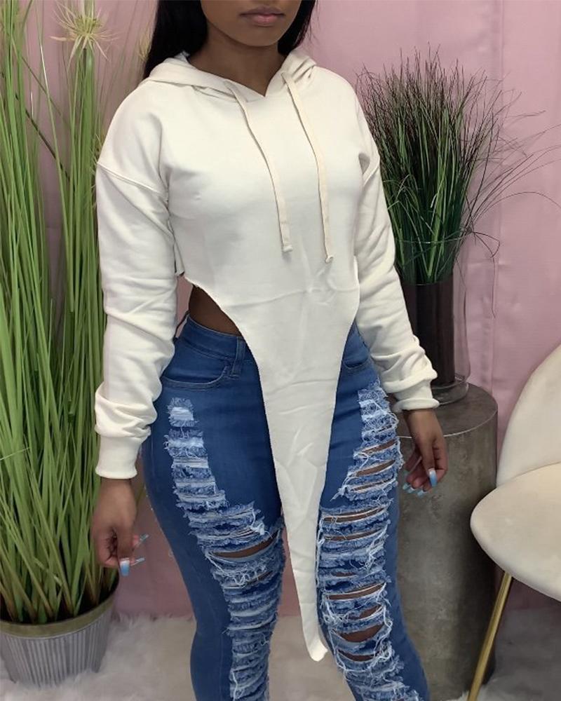 

High Slit Asymmetrical Drop Shoulder Drawstring Hoodie, White