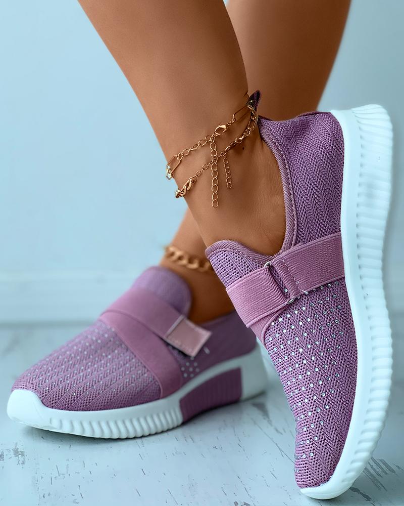 

Rhinestone Decor Velcro Knit Breathable Sneaker, Purple