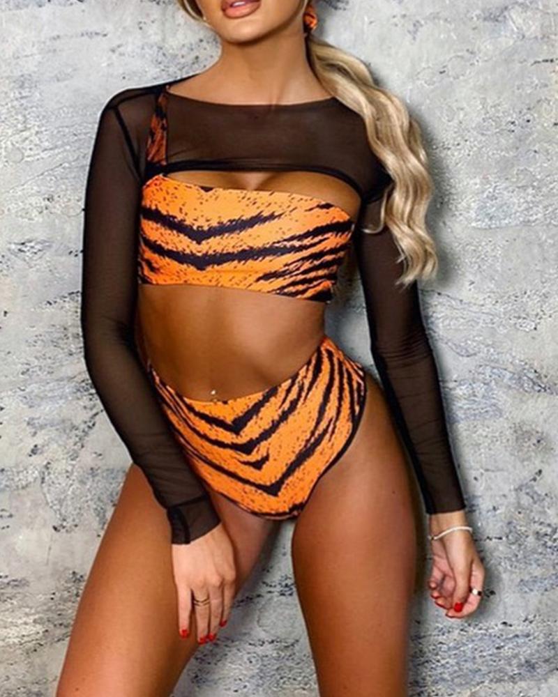 

Tiger Patterns Print Long Sleeve Mesh Blouse With Tanks And Shorts Bikini Sets, Orange