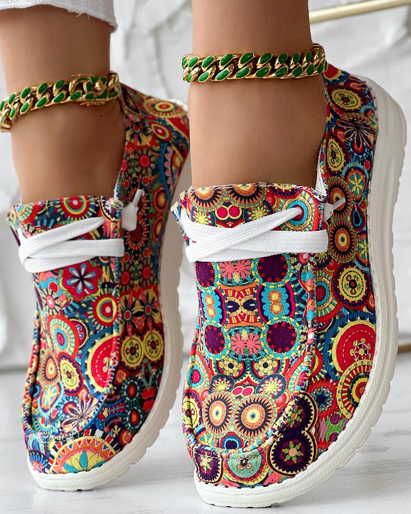 

Tribal Geometric Print Lace-up Casual Slip-On, Multicolor