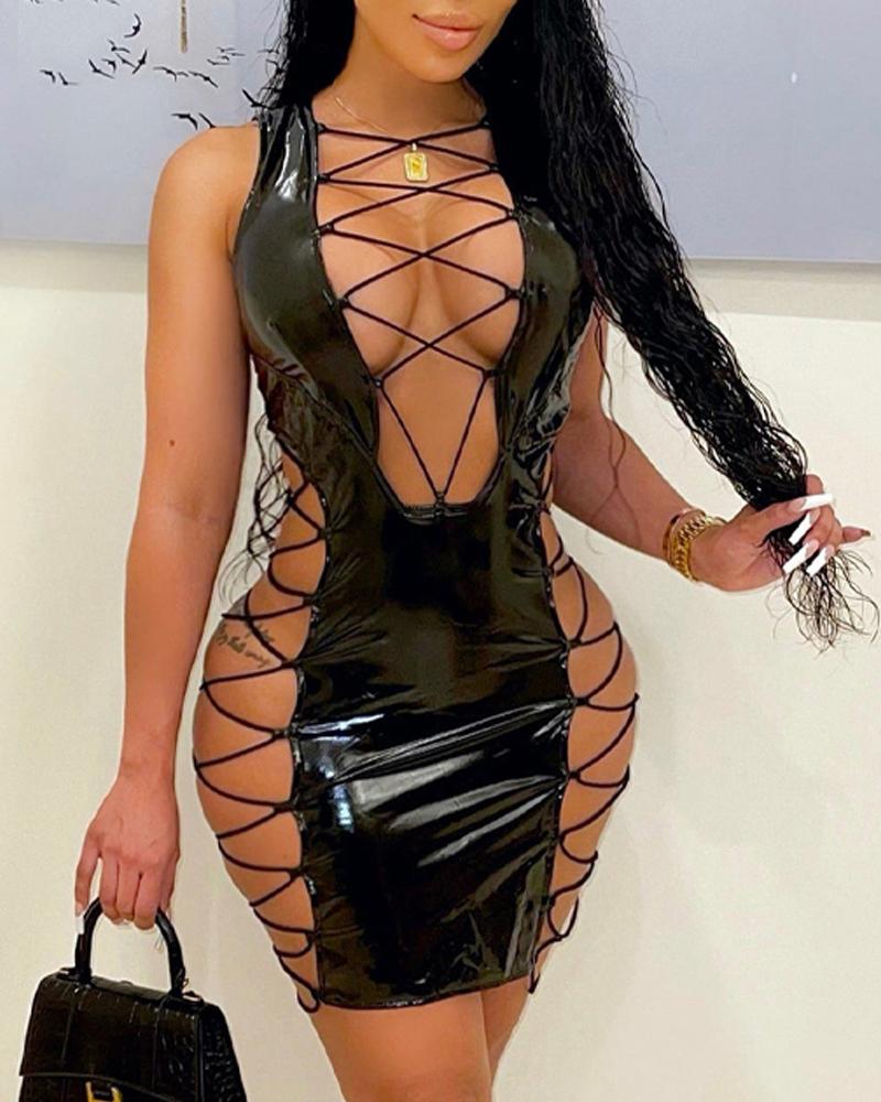 

Lace-up Sleeveless PU Leather Mini Dress, Black