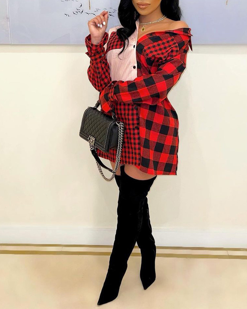 

Plaid Print Patchwork Button Down Shirt Dress, Red