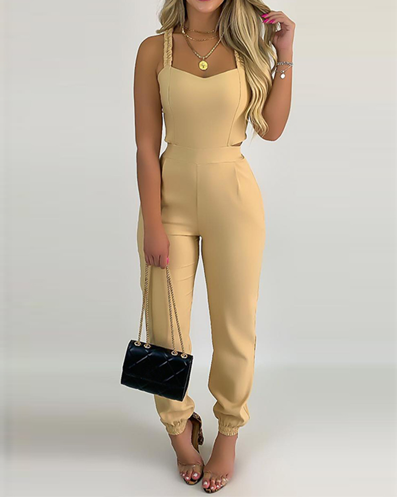 

Cutout Waist Thick Strap Jumpsuit, Khaki