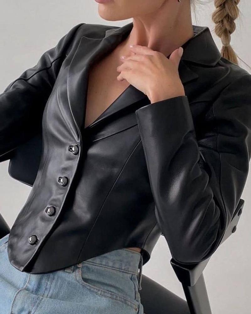 

PU Leather Long Sleeve Buttoned Coat, Black