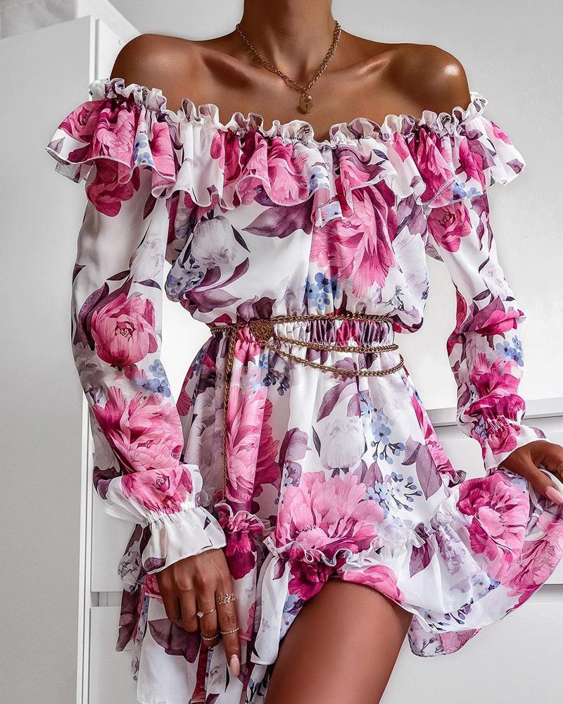 

Frill Hem Ruffles Off Shoulder Floral Print Dress, Pink