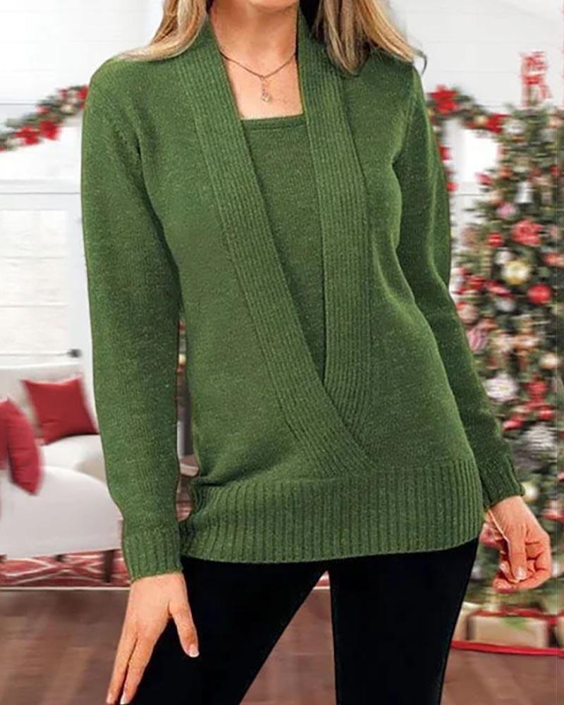 

Fake Two-Piece Long Sleeve Sweater, Green