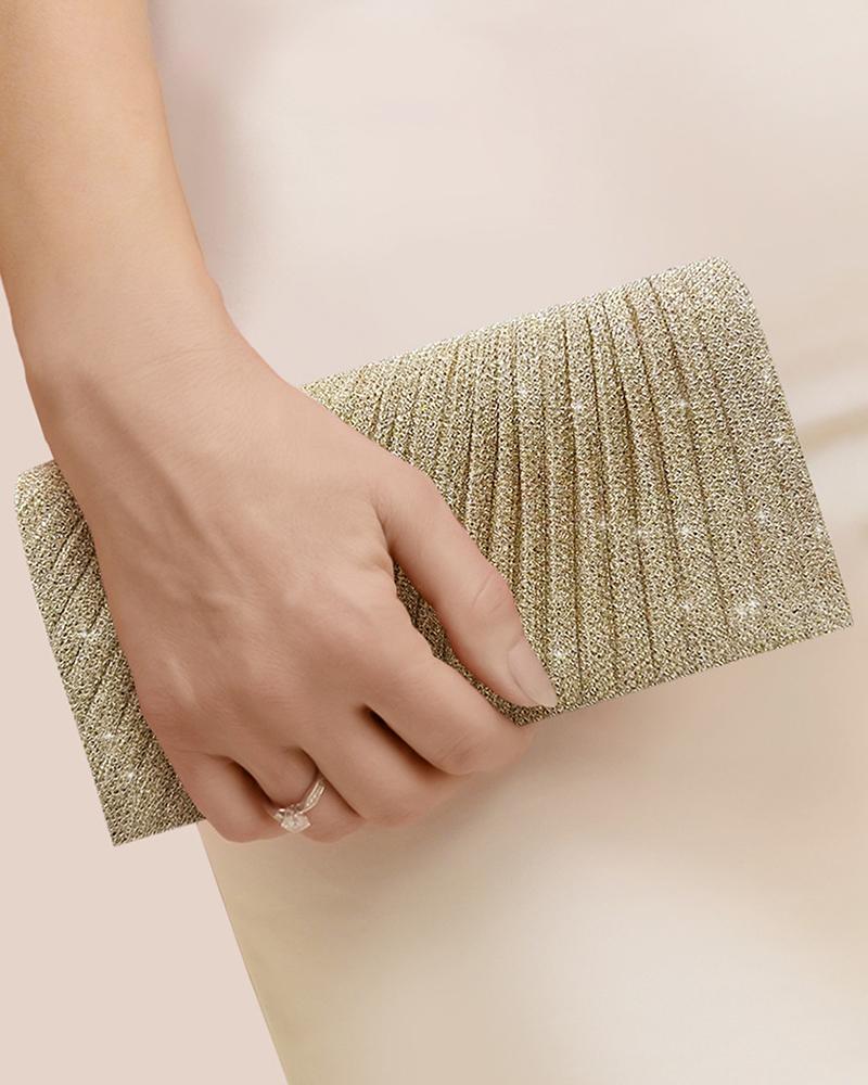 

Glitter Ruched Chain Strap Evening Clutch Bag, Champagne