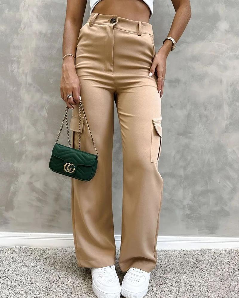 

Pocket Design High Waist Cargo Pants, Khaki