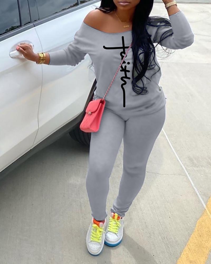 

Letter Print Long Sleeve Top & High Waist Pants Set, Gray