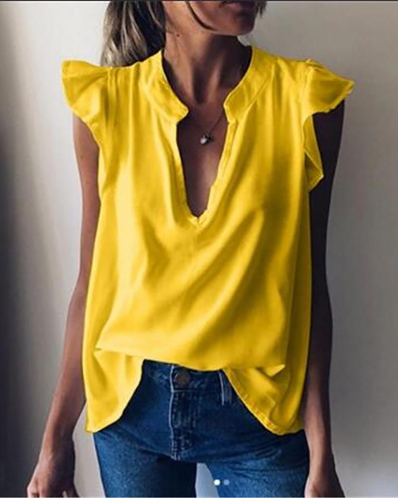 

Deep-V Ruffles Sleeve Solid Top, Yellow