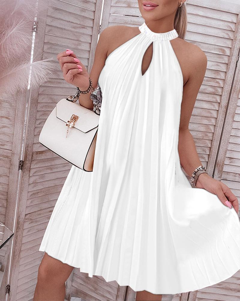 

Rhinestone Decor Sleeveless Pleated Casual Dress, White
