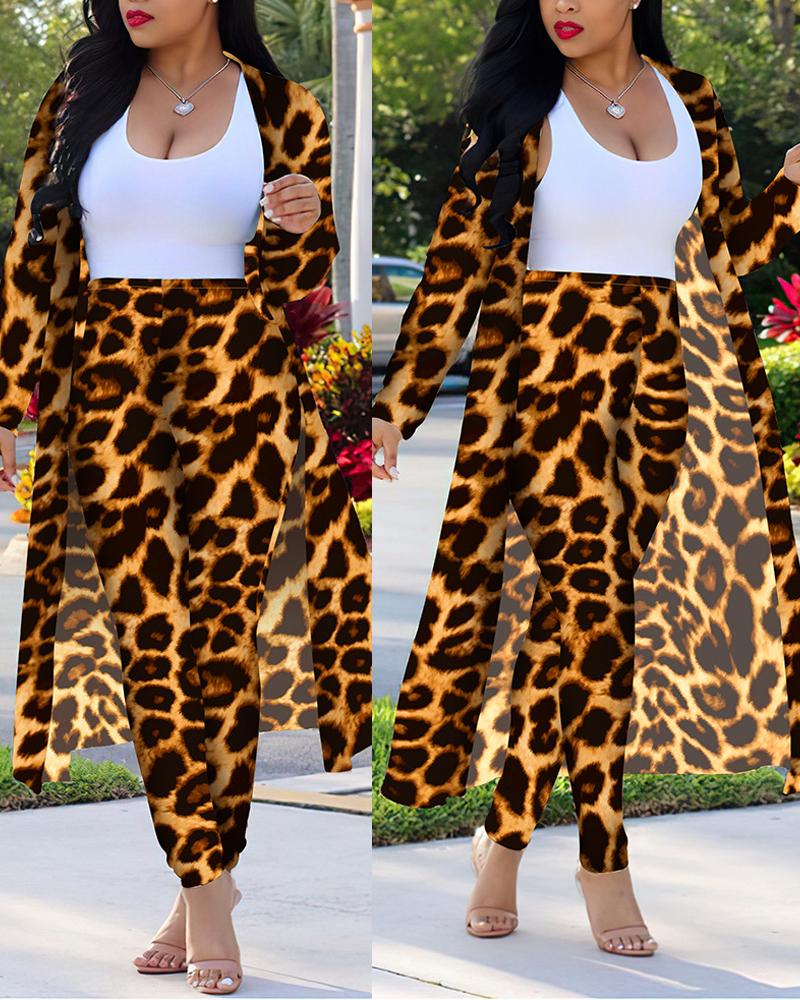 

Plus Size Leopard Print Open Front Longline Coat & Pants Set