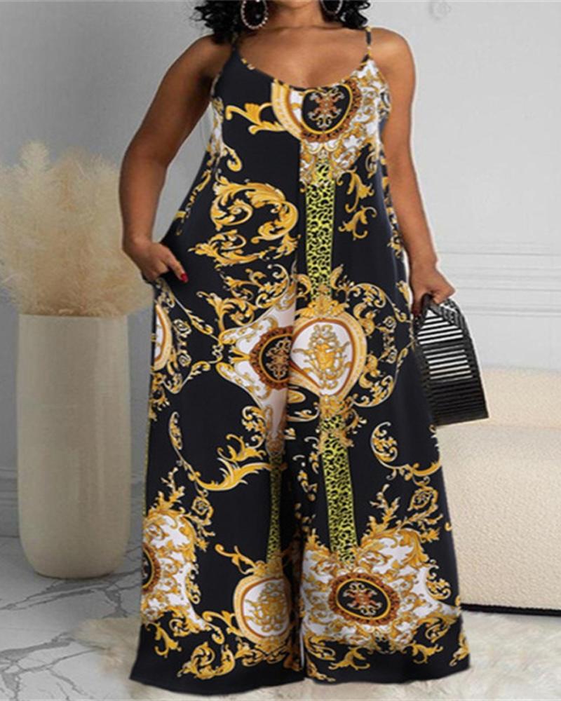 

Plus Size Baroque Print Wide Leg Jumpsuit, Black