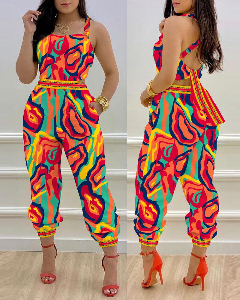 

Multi-Color Abstract Print Criss Cross Cuffed Jumpsuit, Orange