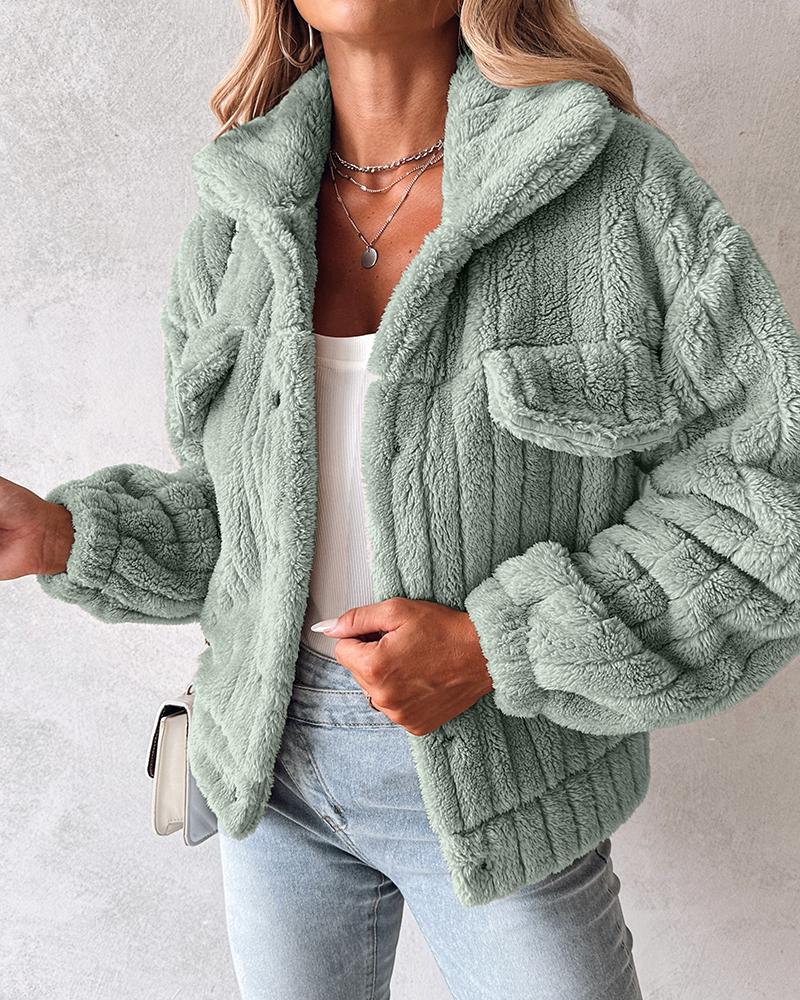 

Turn-down Collar Buttoned Teddy Jacket, Green