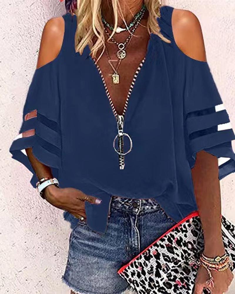 

Contrast Mesh Cold Shoulder Zip Front Chiffon Top, Blue