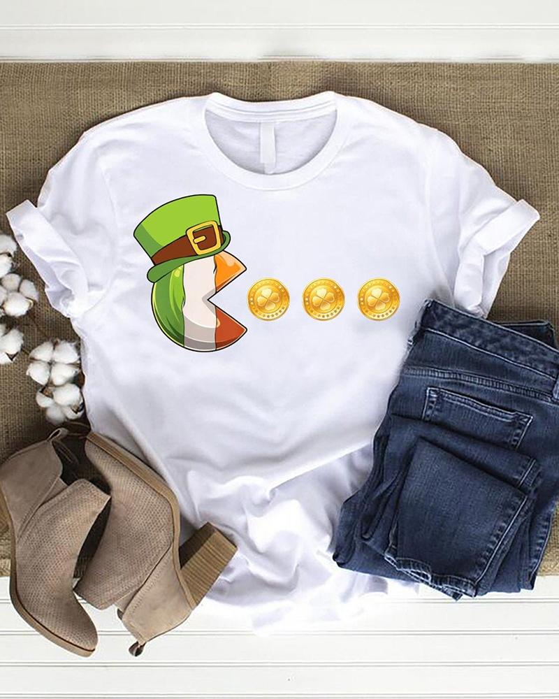 

St. Patrick's Day Cartoon Clover Print Short Sleeve T-shirt, White