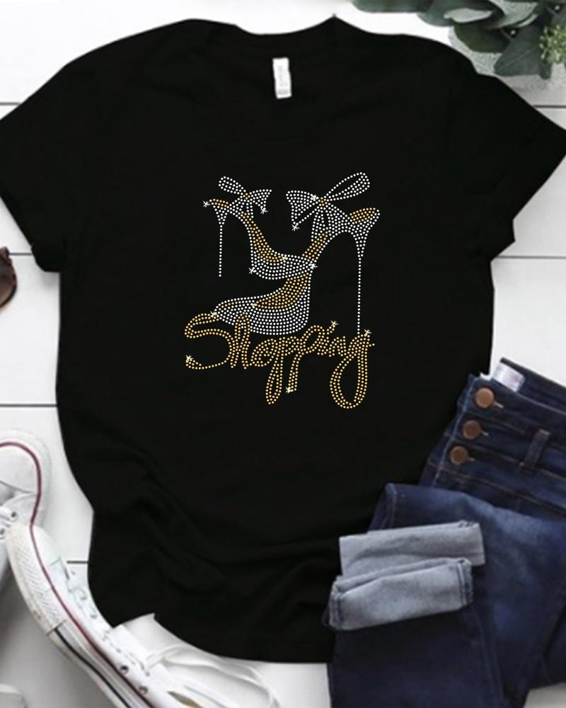 

Christmas Rhinestone Letter Heels Pattern Casual T-shirt, Black