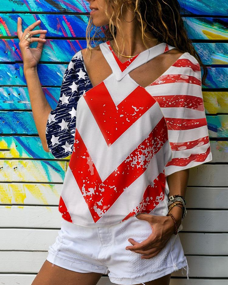 

Flag Print Cold Shoulder T-Shirt, Multicolor