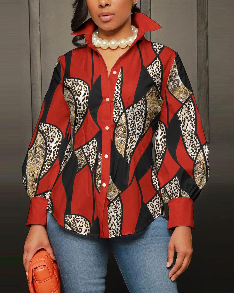 

Leopard Baroque Print Colorblock Buttoned Shirt, Red