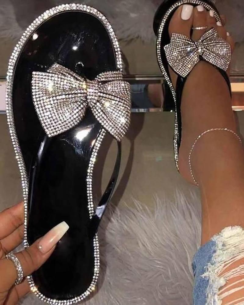 

Rhinestone Bowknot Pattern Toe Post Slippers, Black
