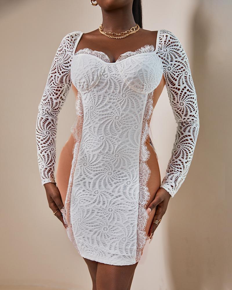 

Long Sleeve Contrast Mesh Lace Mini Dress, White