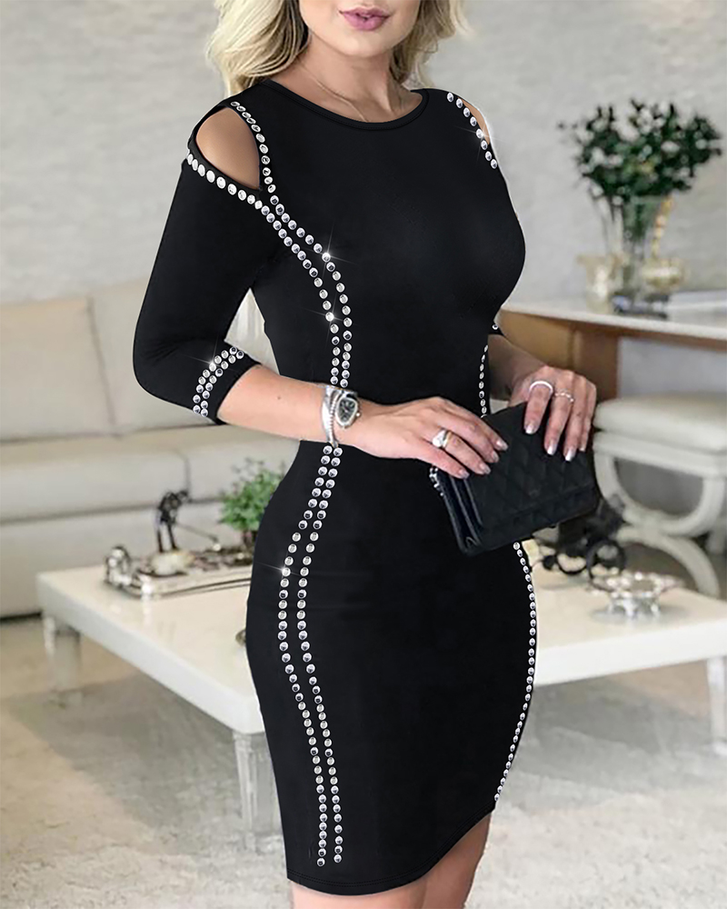 

Rhinestone Round Neck Cutout Slim Fit Midi Dress Casual Bodycon, Black