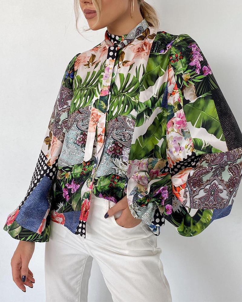 

Tropical Print Tie Neck Flounce Sleeve Top, Multicolor