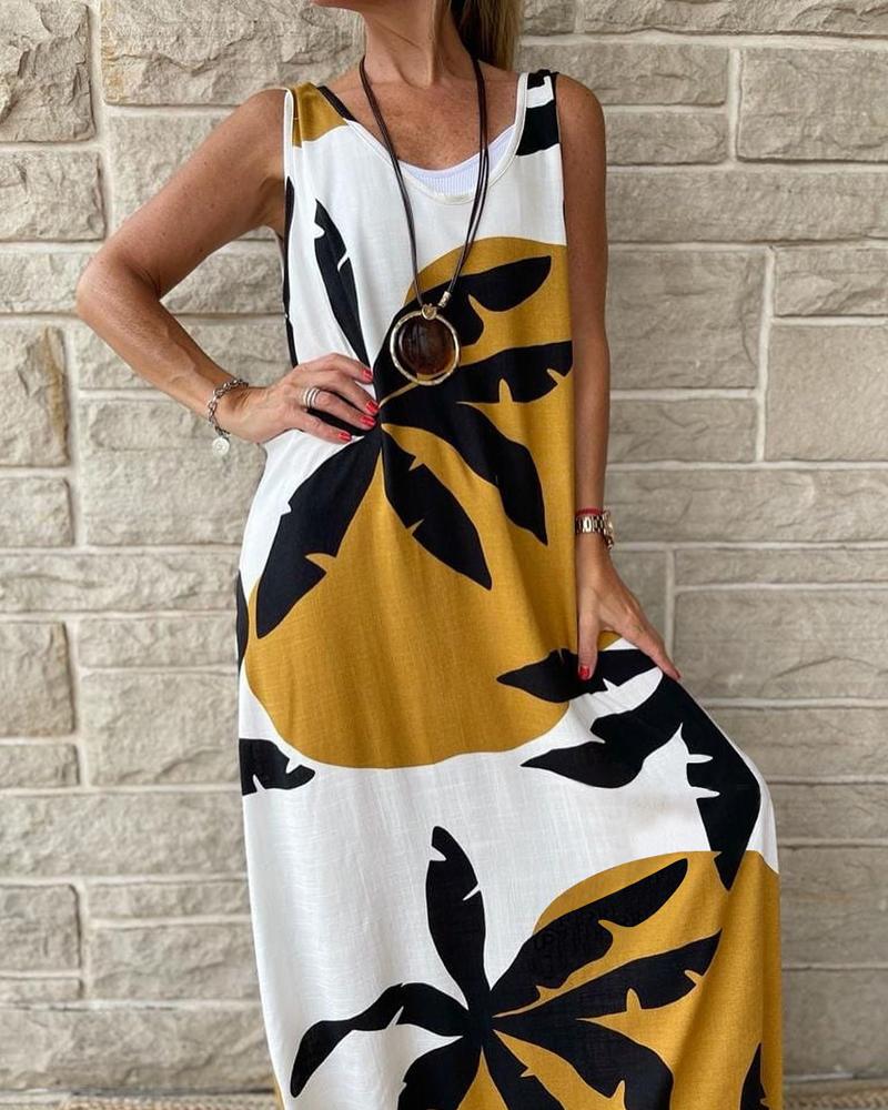 

Palm Leaf Print Sleeveless Maxi Dress, Yellow