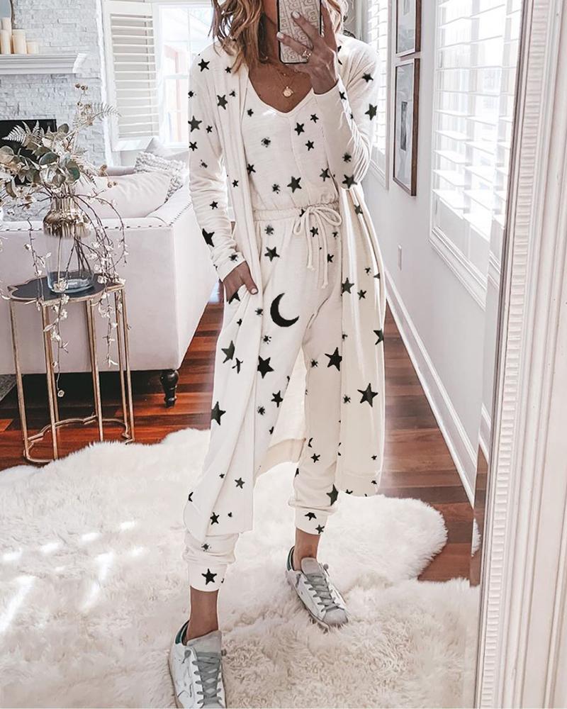 

Star Moon Print Long Sleeve Jumpsuit & Cardigan Set, White
