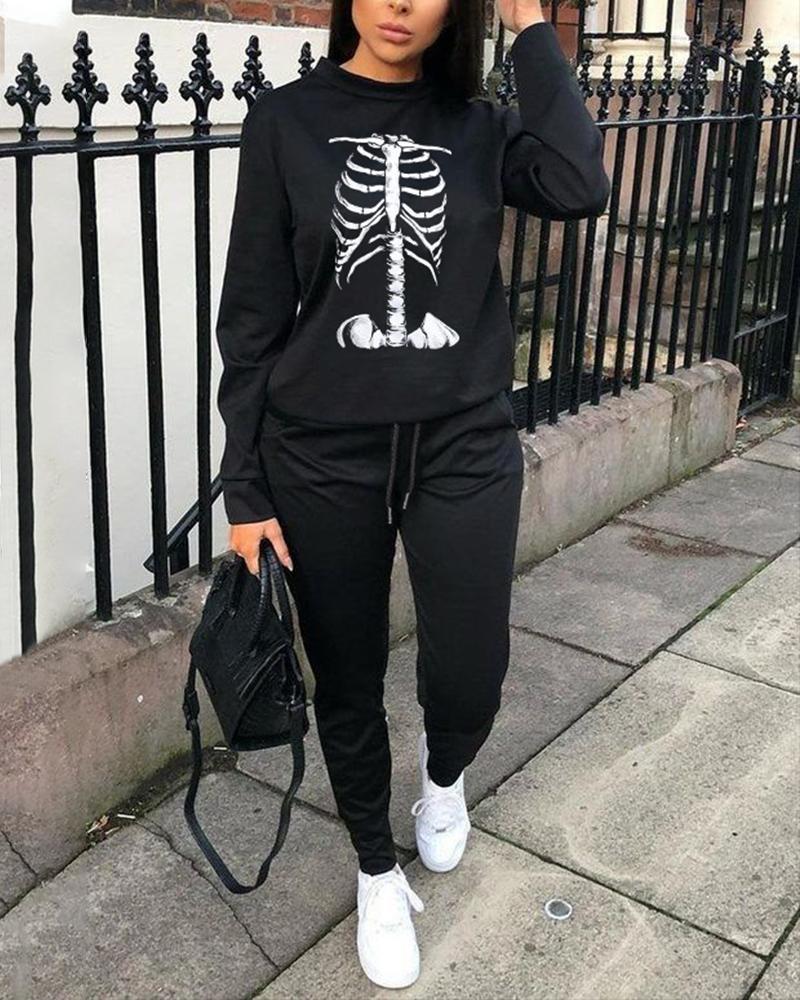 

Plus Size Halloween Skeleton Print Top & Pants Set, Black