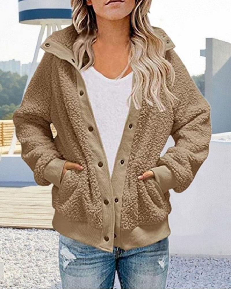 

Long Sleeve Button Front Teddy Coat, Khaki