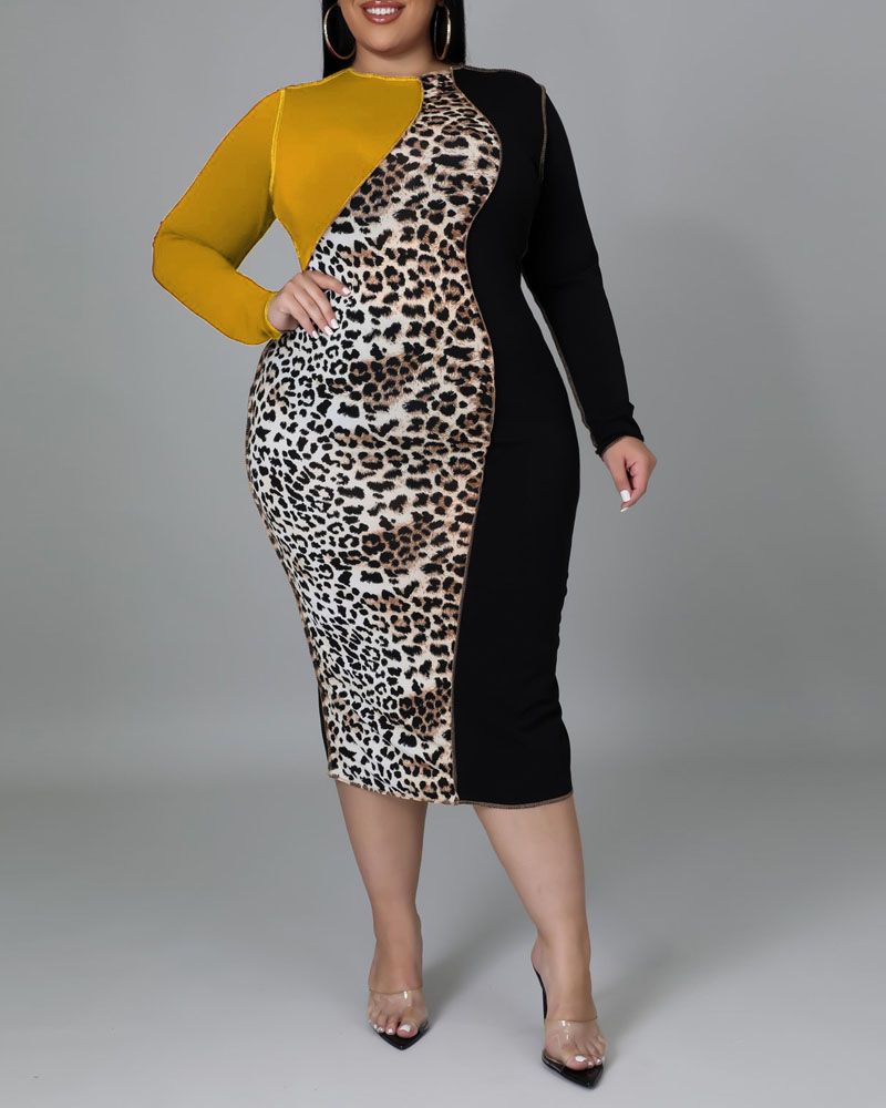 

Plus Size Leopard Print Patchwork Bodycon Dress, Yellow