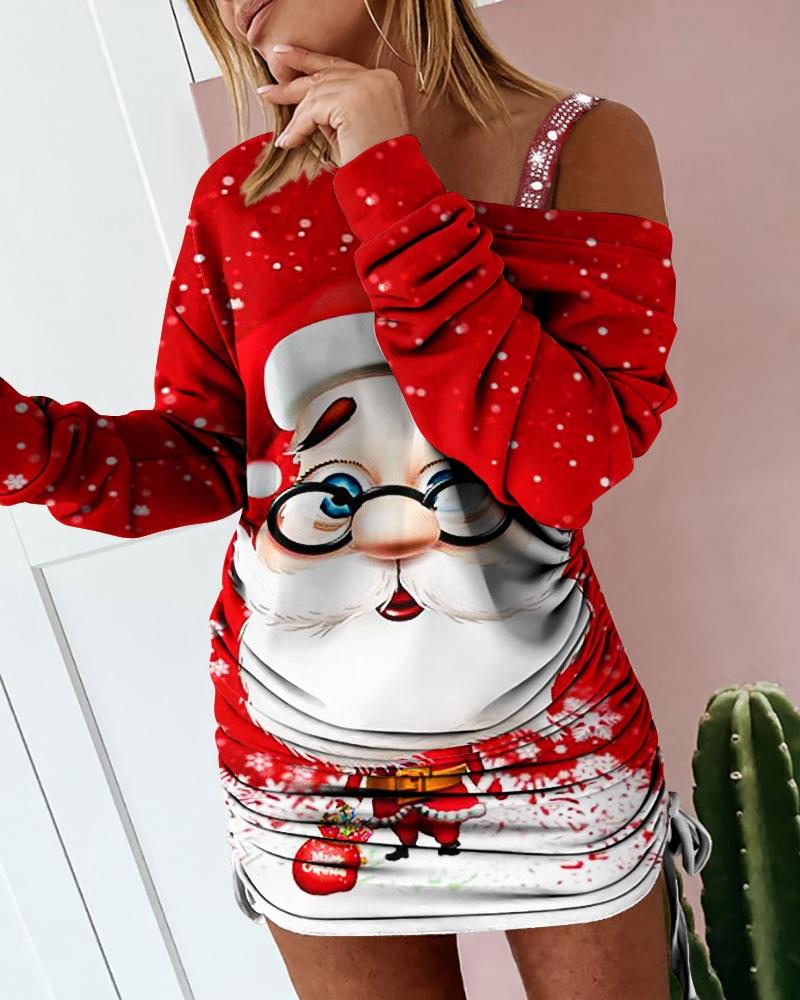 

Christmas Santa Claus Print Drawstring Long Sleeve Dress, Red