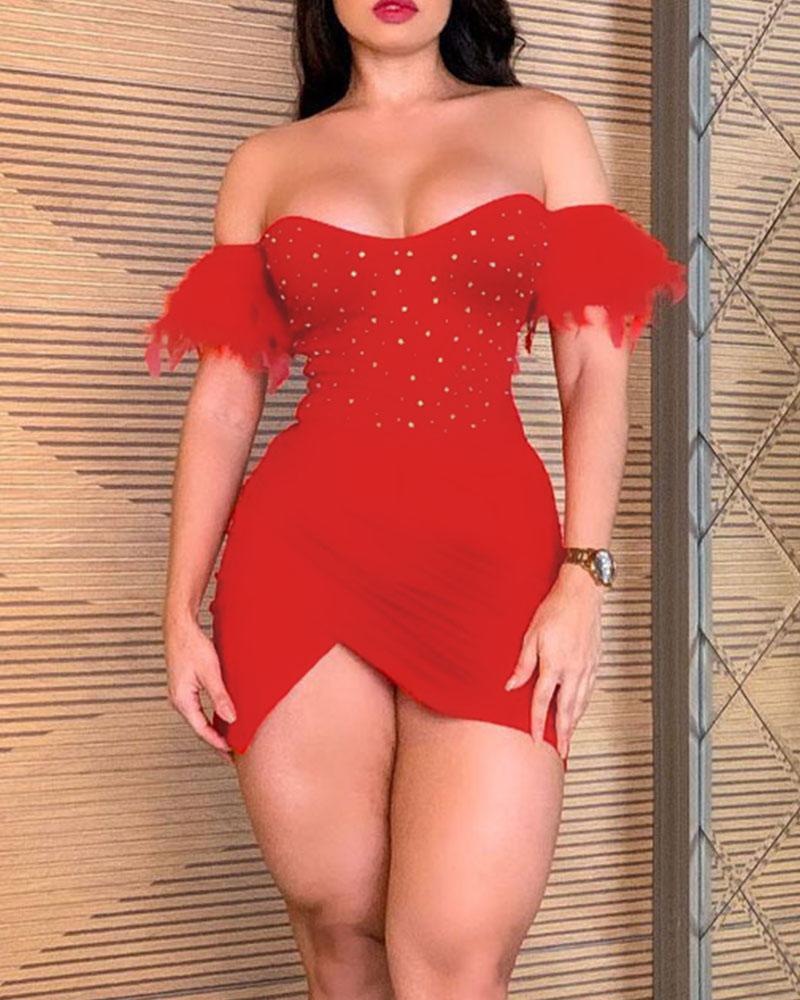 

Off Shoulder Rhinestone Decor Bodycon Dress, Red