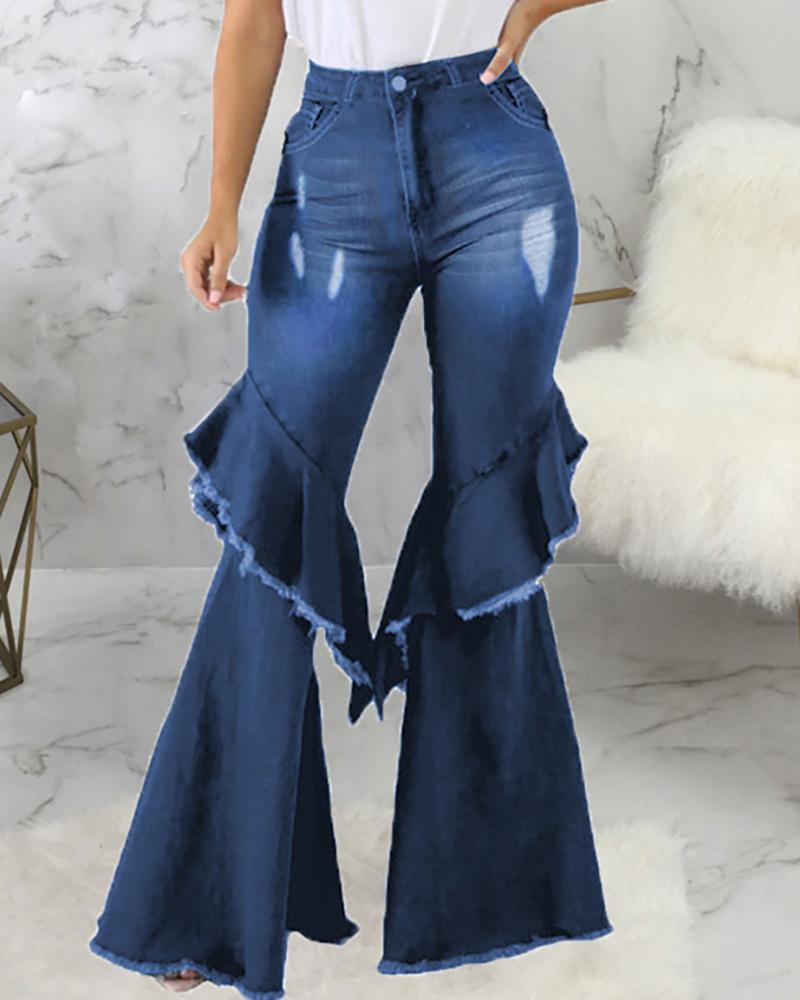 

Ripped Layered Ruffles Fringe Hem Bootcut Jeans, Blue