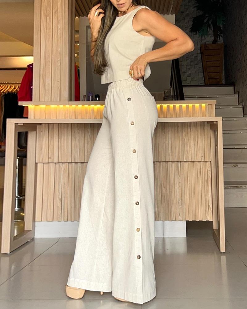 

Casual Tank Top & Buttoned Straight Leg Pants Set, Apricot