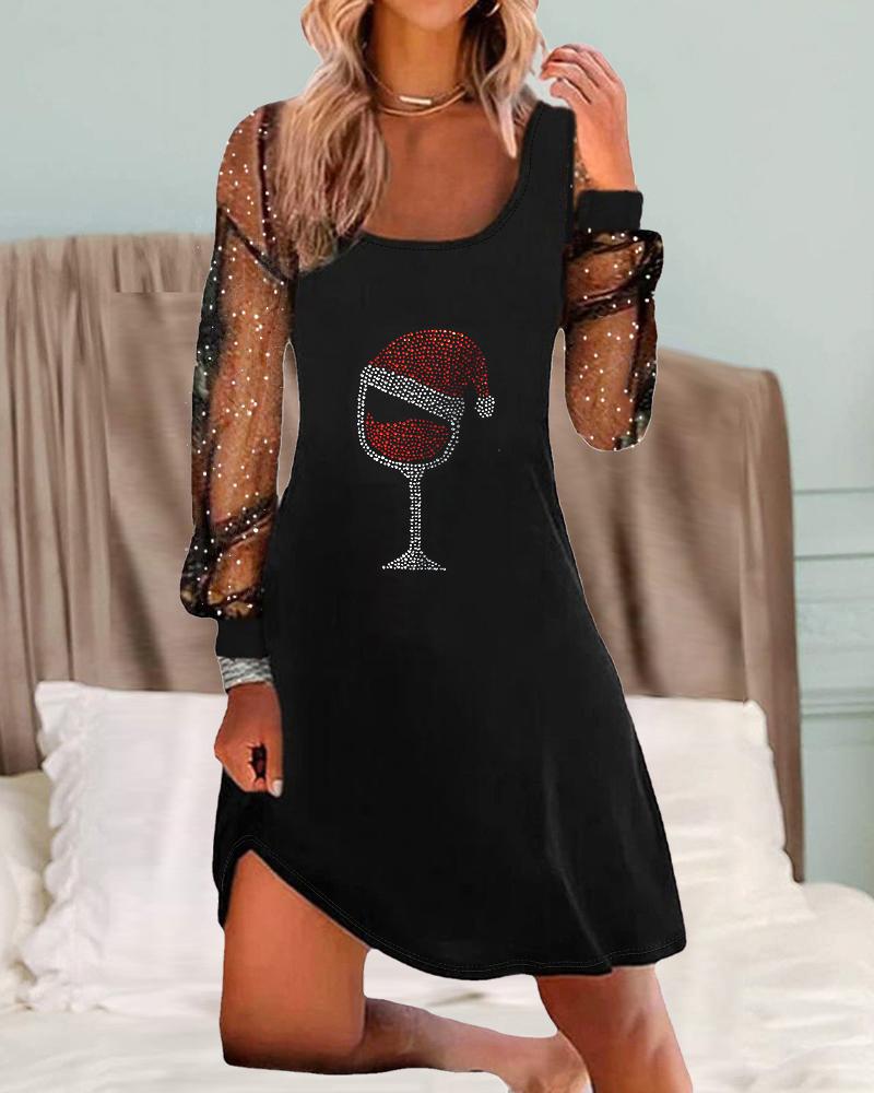 

Christmas Wine Glass Print Contrast Mesh Casual Dress, Black