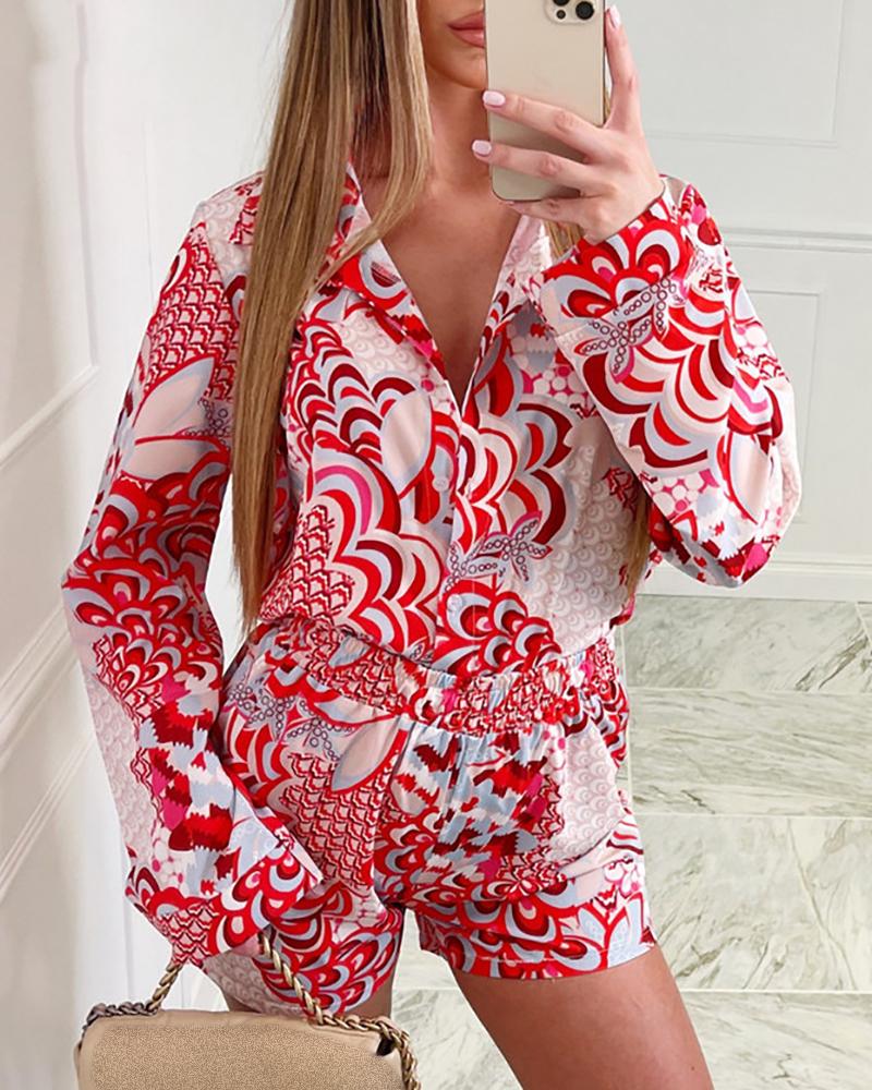 

Allover Print Long Sleeve Shirt & Shorts Sets With Headband, Red