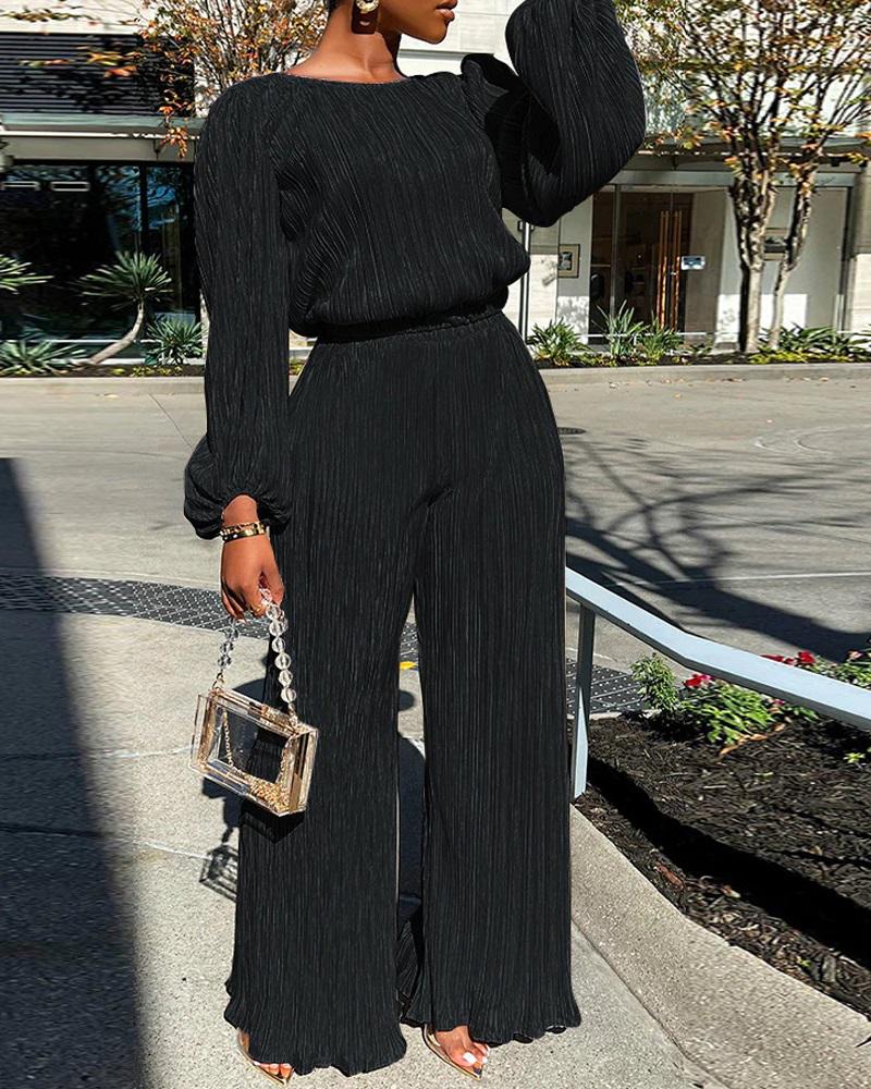 

Long Sleeve Top & Wide Leg Pants Set, Black