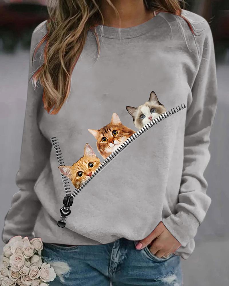 

Zipper Design Animal Print Round Neck Sweatshirt, Gray