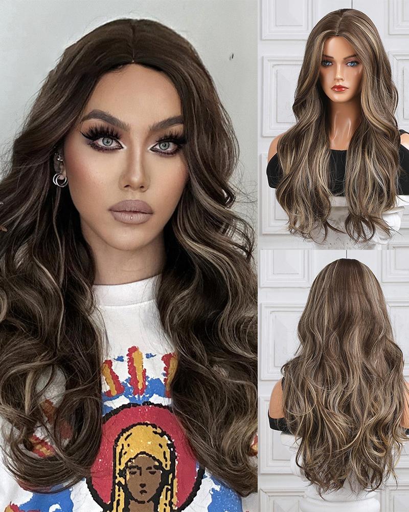

Middle Part Long Highlight Body Wave Heat Resistant Synthetic Hair Wig, Brown