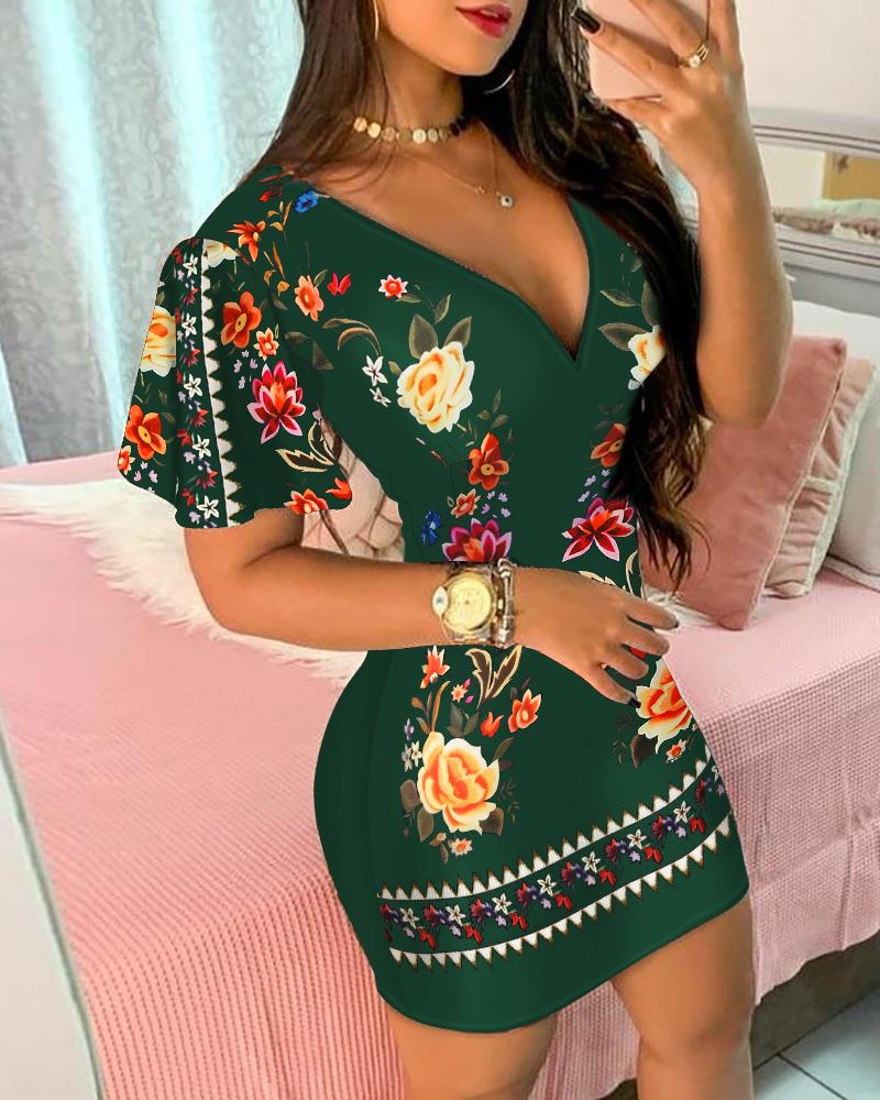 

Ruffles Sleeve Floral Print Bodycon Dress, Green