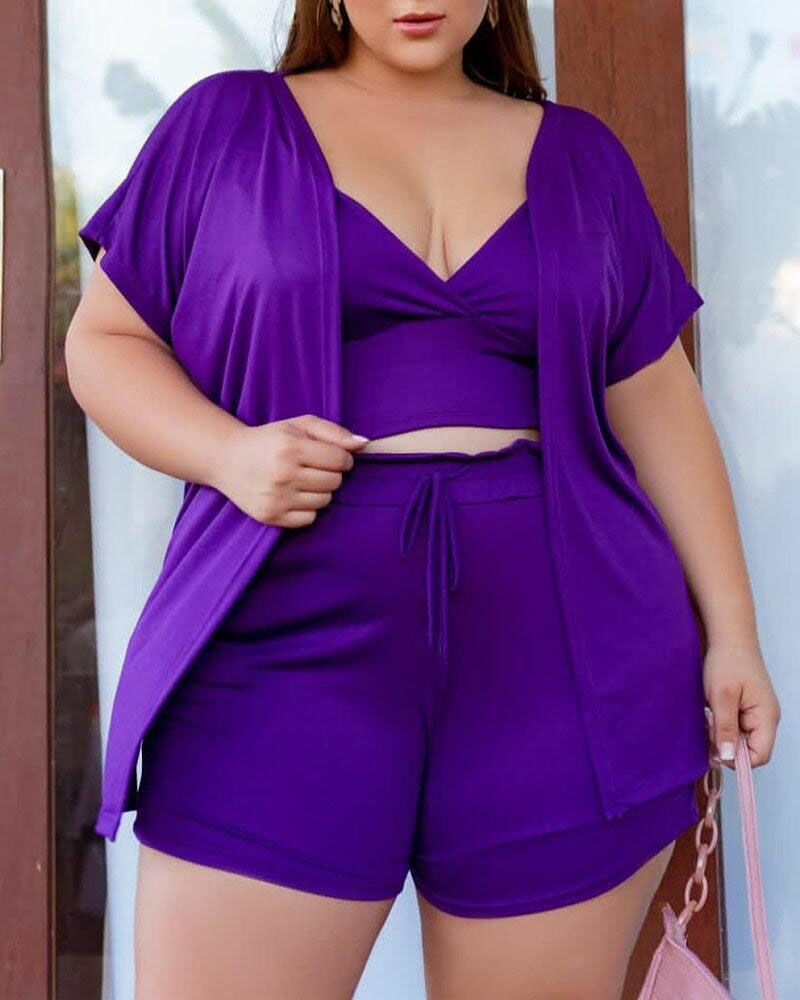 

Plus Size Crop Cami Top & Drawstring Shorts Set With Blouse, Purple