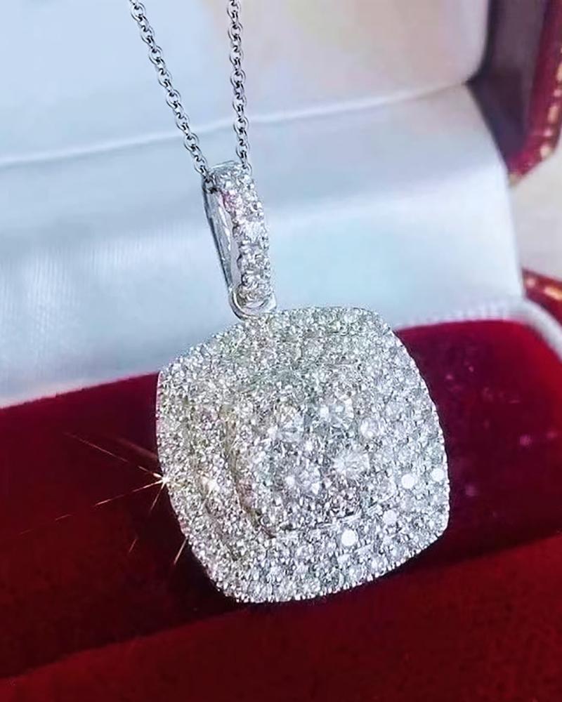 

Allover Rhinestone Square Shaped Pendant Chain Necklace, Silver